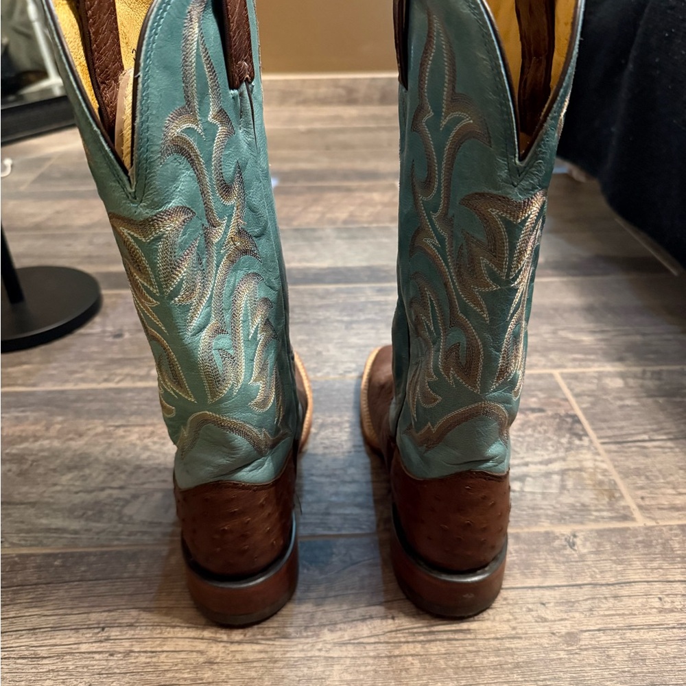 Justin Boots Brown Ostrich Leather with Teal Embroidered Shaft Western Boots - Picture 3 of 7